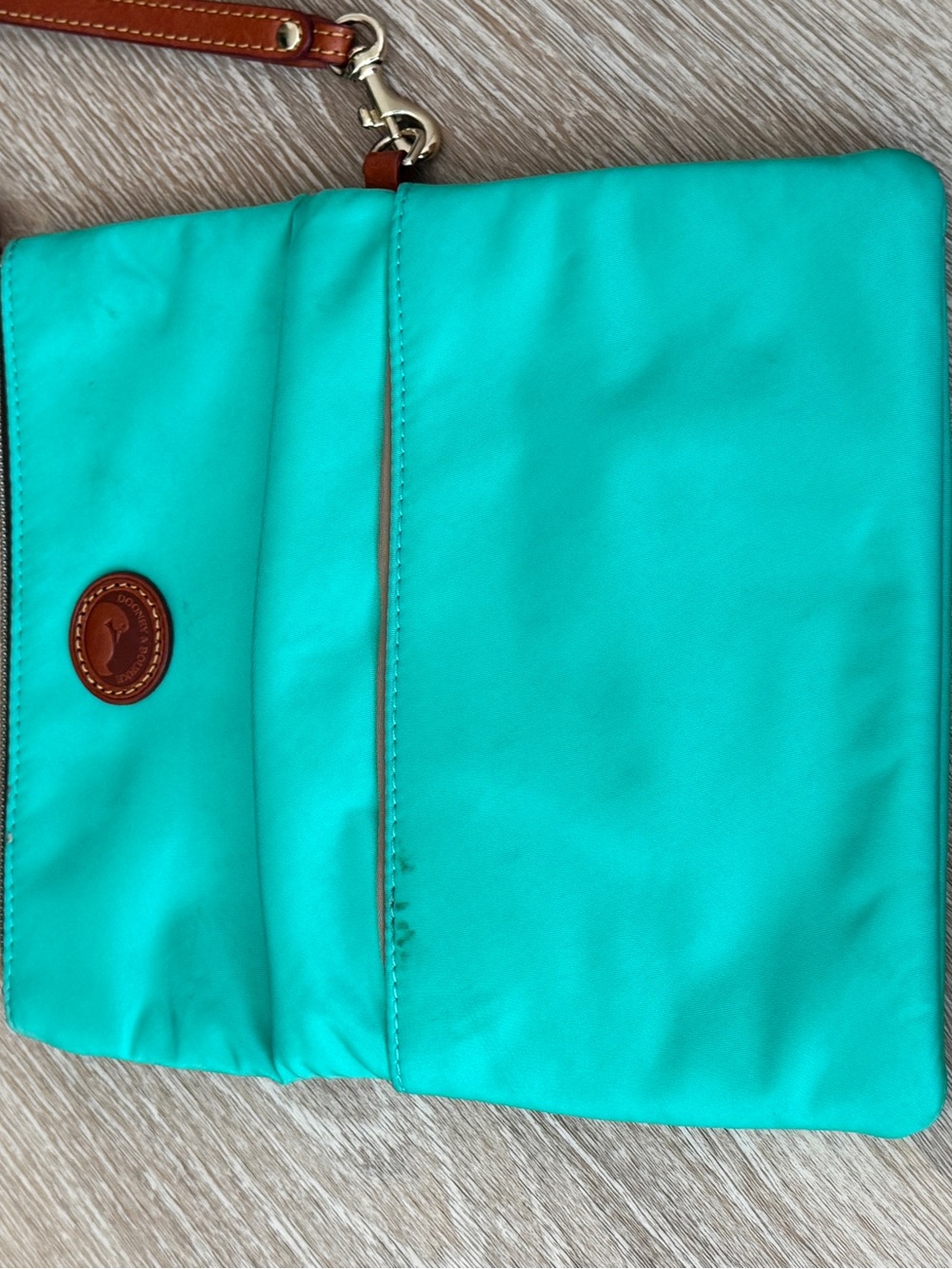 Dooney & Bourke Turquoise Wristlet with Brown Leather Trim - Picture 3 of 4